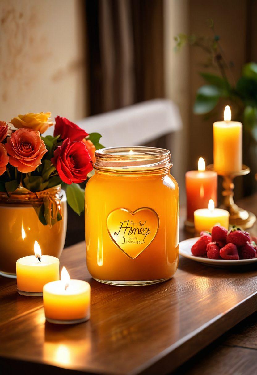A romantic setting featuring a honey jar with a golden honey dipper, surrounded by heart-shaped candles and a soft glow. Include a backdrop of a cozy dining table set for two, with fresh fruits and flowers that evoke love and health. Warm colors dominate the scene to enhance a sense of intimacy. super-realistic. vibrant colors. soft lighting.