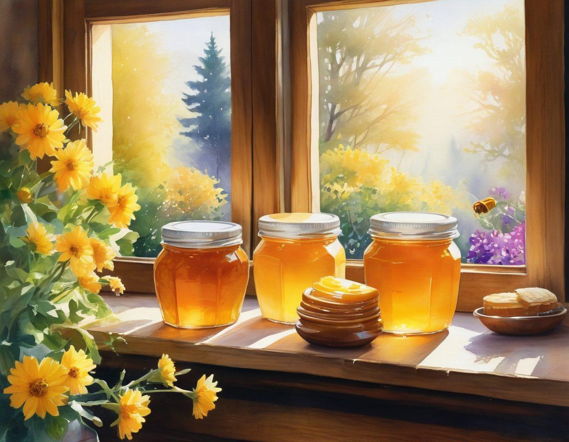 A warm and inviting scene depicting a couple sharing a jar of golden organic honey, the sunlight filtering through a rustic kitchen window. Surround them with vibrant flowers, honeycomb, and wooden utensils to emphasize the theme of natural sweetness and love. Include soft colors and a cozy atmosphere that encapsulates affection and harmony. watercolor painting. vibrant colors. soft focus.